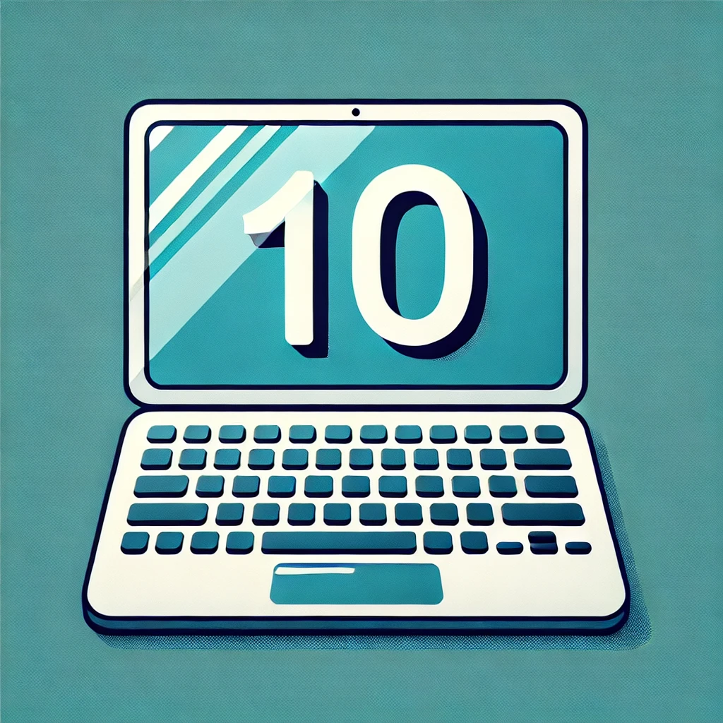 DALL·E 2024-11-16 16.49.19 – A minimalist illustration of a laptop on a teal background. The laptop screen is light blue and displays the number ’10’ in bold, white font. The keyb