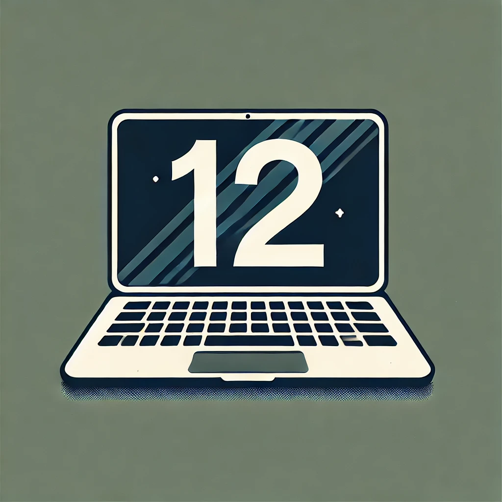DALL·E 2024-11-16 16.52.32 – A minimalist illustration of a laptop with a modern aesthetic. The laptop screen is dark blue, and it displays the number ’12’ in bold, white font, ce